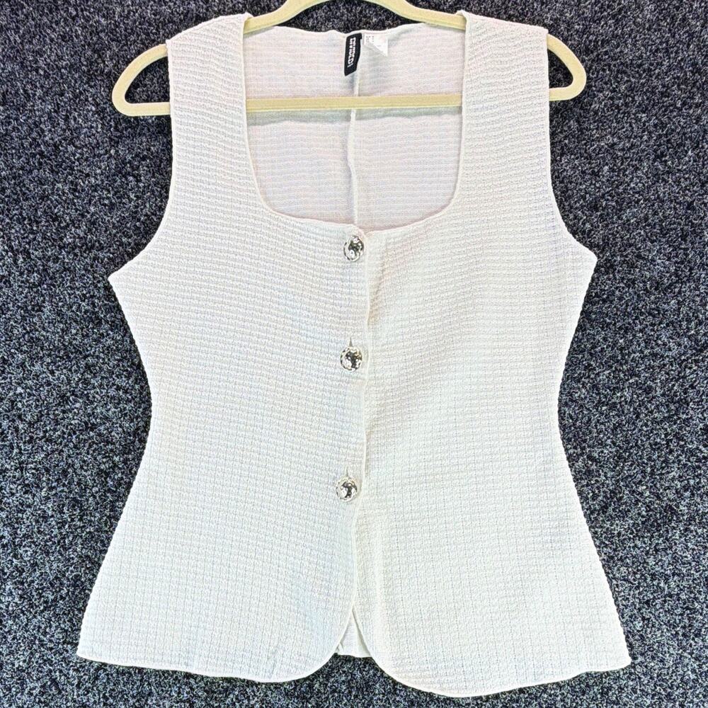 H&M Women's White Solid Knit Square Neck Sleeveless Button Front Top Size M